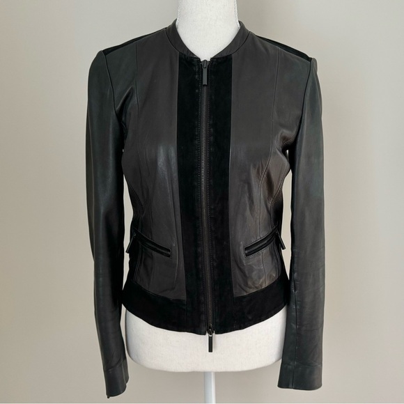 Armani Exchange Black Fitted Panelled Suede Leather Moto Jacket Biker size S - Picture 1 of 15